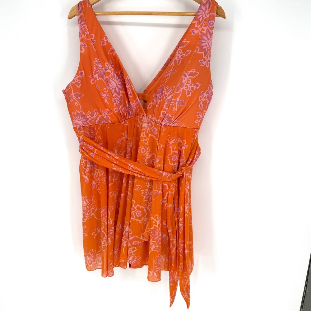 Swim by Cacique Orange Lavender‎ Floral V-Neck Swimdress One Piece Size 24
